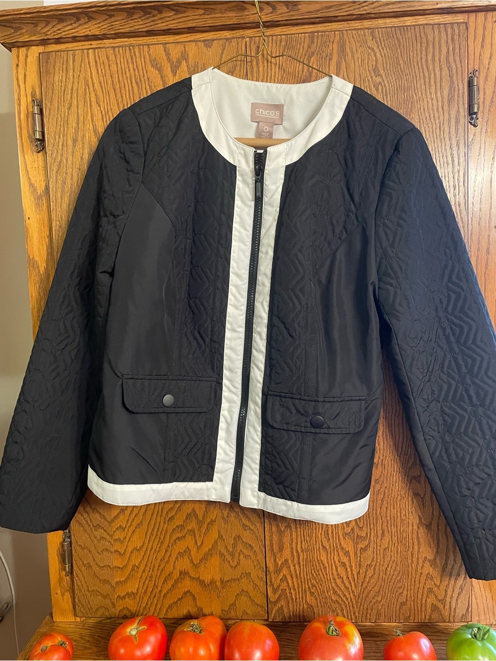 Chico's Black Jacket with White Trim Quilted Zip Front